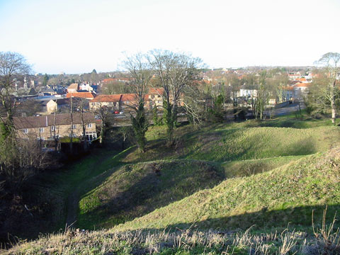 An elevated view of Thetford town roofs and trees, captured from the crest of the massive earthwork at Thetford Castle Hill