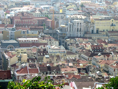 A sweeping elevated view of the historic Baixa lower city centre of Lisbon, taken from the stone battlements of Castelo de São Jorge