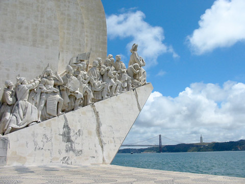The massive stone Padrão dos Descobrimentos (Discoveries Monument) standing on the riverfront in Belém, Lisbon